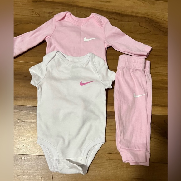 Nike Other - Nike Baby Girl 3-Piece Set | Pink & White Bodysuits + Jogger Pants | 3M